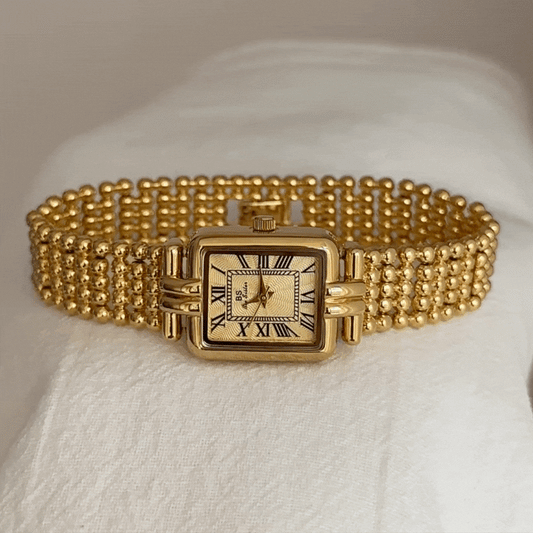 Romantic French Vintage Quartz Watch: Gold Bead Bracelet & Rectangle Roman Dial - Versailles Bloom