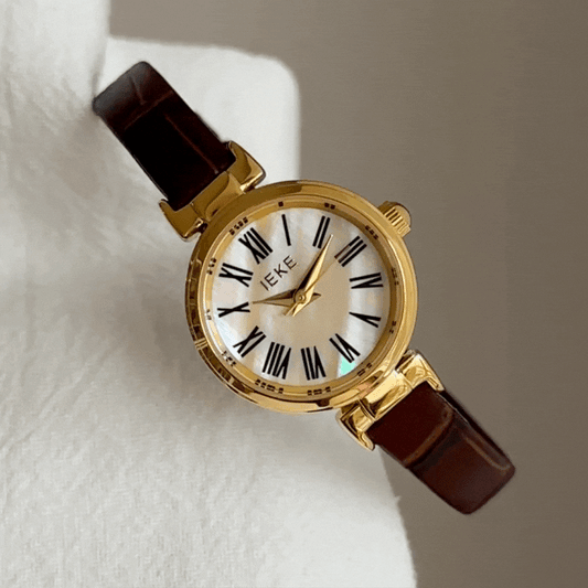 Brown Women Round Dial Watch Slim Strap Gold Case Quartz Vintage Elegant Style – Café