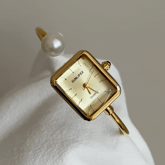 Gold Women’s Bangle Pearl Accent Rectangular Dial Quartz Watch French Elegant Style – Lumière Pearl
