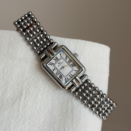 French Retro Romantic Silver Beaded Bracelet Watch with White Rectangle Roman Dial for Women - Versailles Pearl