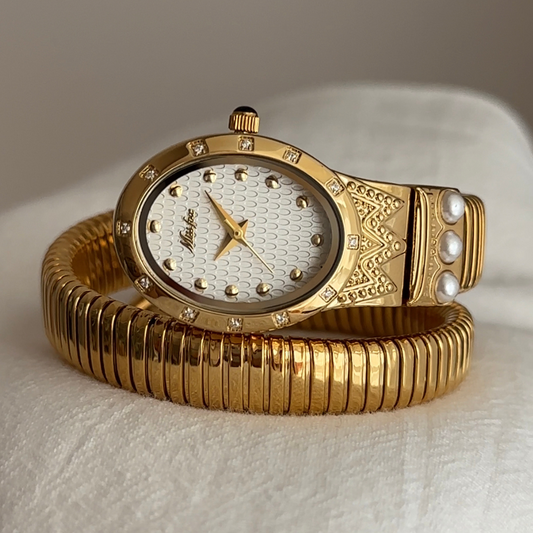 Trendy Serpenti Women’s Quartz Watch with Adjustable Flexible Band, Diamond & Pearl Accents, Waterproof Gold Case, and White Dial