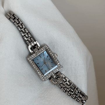 Minimalist Silver Women’s Watch – Rectangular Blue Dial with Crystal Bezel | Quartz