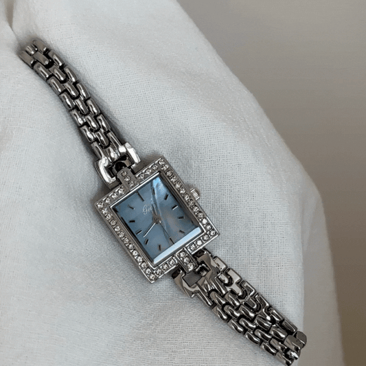 Minimalist Silver Women’s Watch – Rectangular Blue Dial with Crystal Bezel | Quartz