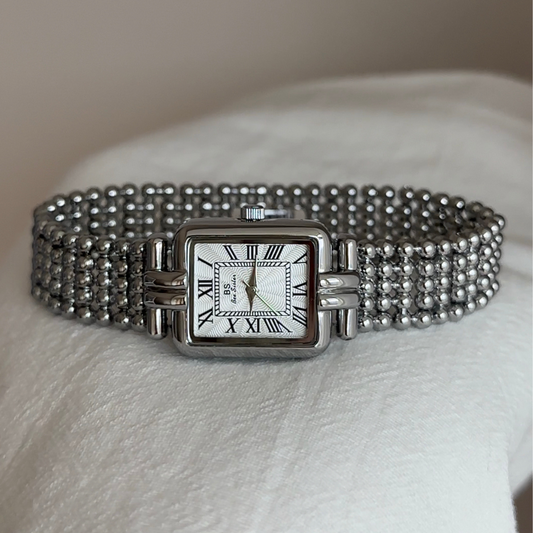 French Retro Romantic Silver Beaded Bracelet Watch with White Rectangle Roman Dial for Women - Versailles Pearl