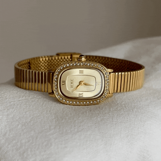 Gold Women Oval Watch with Crystal Case – Elegant Dainty Quartz