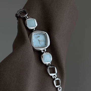 Silver Bracelet With Square Blue Ladies Quartz Watch