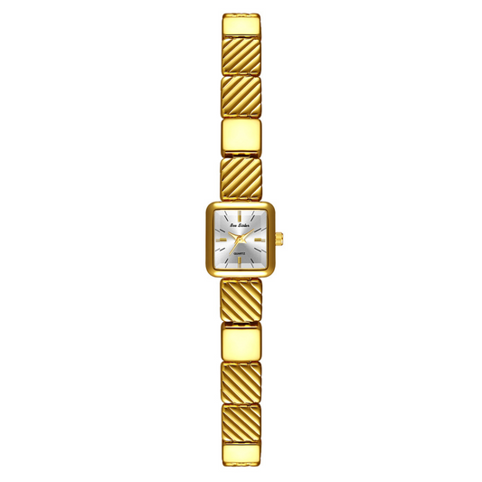 Luxury Women’s Quartz Watch – Gold Modular Bracelet with White Rectangular Dial, Minimalist Fashion Design