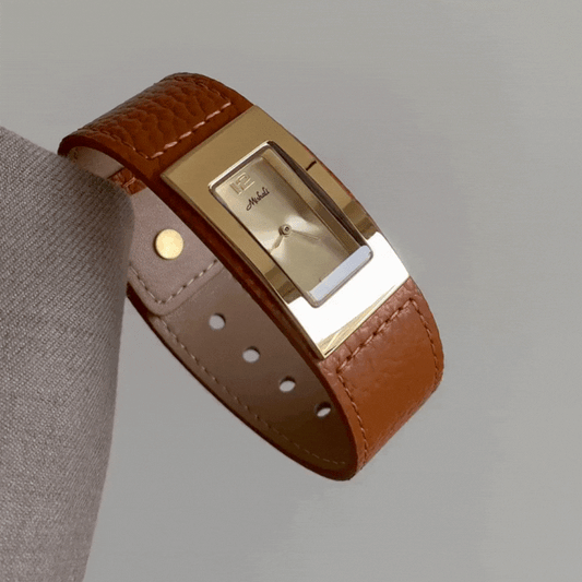 Brown Women Rectangular Dial Watch Genuine Leather Strap Gold Case Quartz Minimalist Fashion Commuter – Vogue