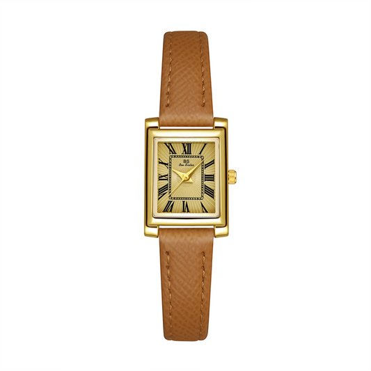 Brown Women Rectangular Dial Watch Genuine Leather Strap Gold Case Roman Face Quartz Vintage Style – Roma