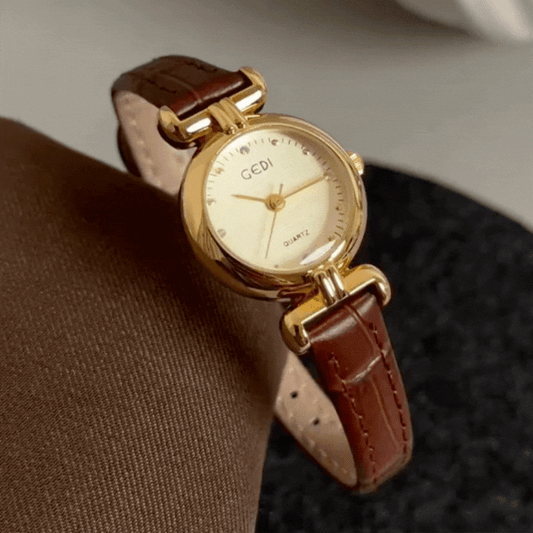 French Vintage Brown Bamboo-Style Strap Women’s Quartz Watch with Gold Small Round Dial – Genuine Leather