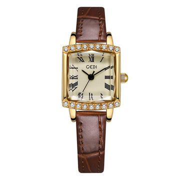 Brown Women's Leather Watch– Dainty Slim Strap, Gold Rectangular Dial & Crystal Case