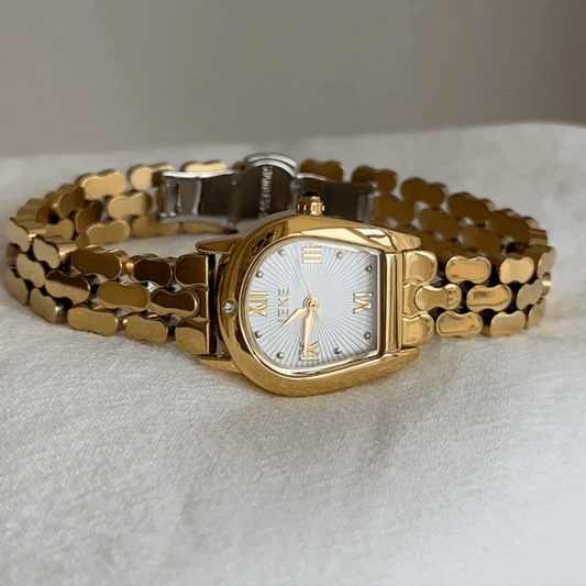 Gold Women Barrel Dial Watch with White Face – Vintage Elegant Quartz