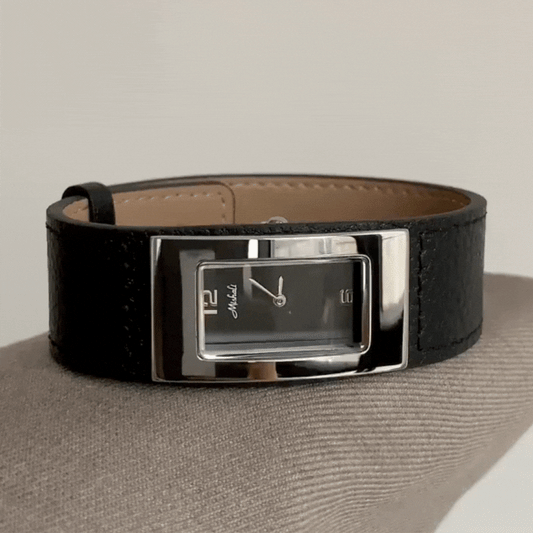 Black Women Rectangular Dial Watch Genuine Leather Strap Silver Case Black Face Quartz Minimalist Fashion Commuter – Eclipse