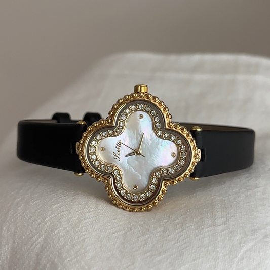 Black Leather Strap Watch with Diamond-Accented Clover Case & White Mother-of-Pearl Dial – Women’s Quartz Watch