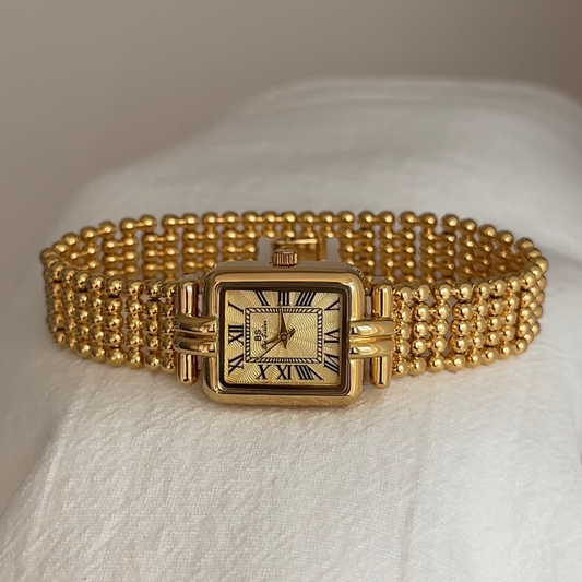 French Vintage Romantic Gold Beaded Bracelet Rectangle Roman Numeral Dial Ladies Quartz Watch - Versailles Bloom