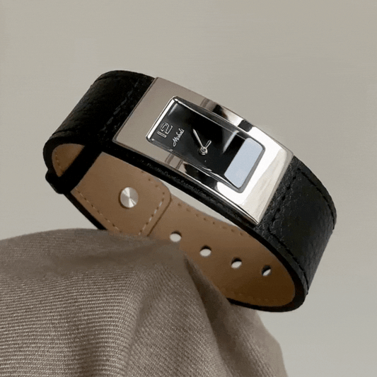 Black Women Rectangular Dial Watch Genuine Leather Strap Silver Case Black Face Quartz Minimalist Fashion Commuter – Eclipse