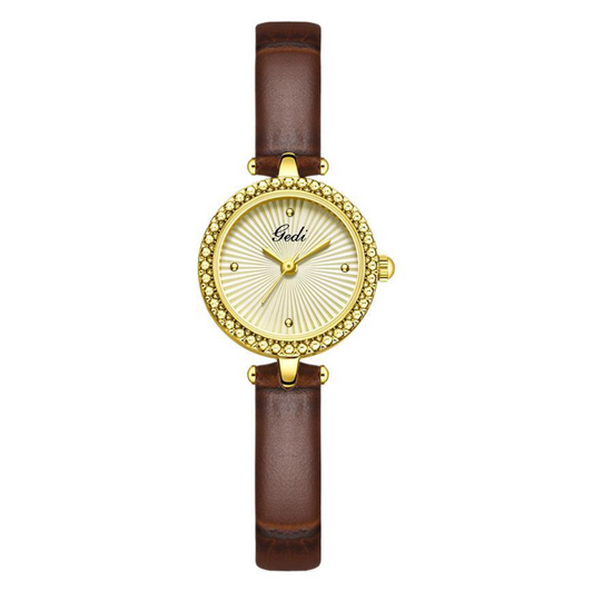 Brown Genuine Leather Slim Strap Round Sunray Dial Ladies Quartz Watch - Vintage Sunbeam
