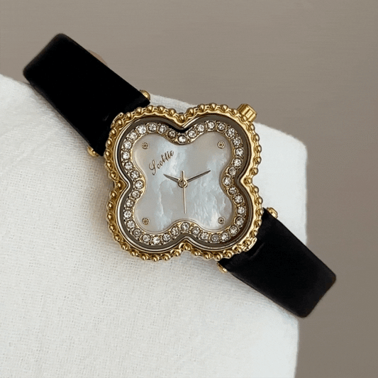 Black Leather Strap Watch with Diamond-Accented Clover Case & White Mother-of-Pearl Dial – Women’s Quartz Watch