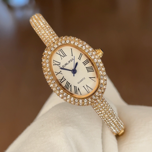 Elegant Women’s Quartz Watch – Gold Diamond-Studded Bangle with Full Diamond Tonneau Case and White Dial