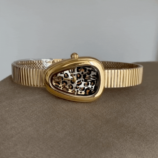 Gold Serpenti Quartz Watch for Women – Leopard Print Dial & Gold Bamboo Bracelet