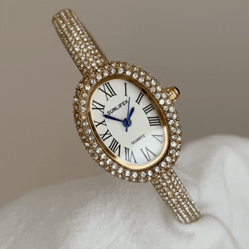 Elegant Women’s Quartz Watch – Gold Diamond-Studded Bangle with Full Diamond Tonneau Case and White Dial