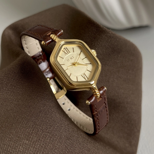 Unique Retro Brown Leather Strap Rhombus Gold Dial Roman Numeral Ladies Quartz Watch - Bohemian Rhyme