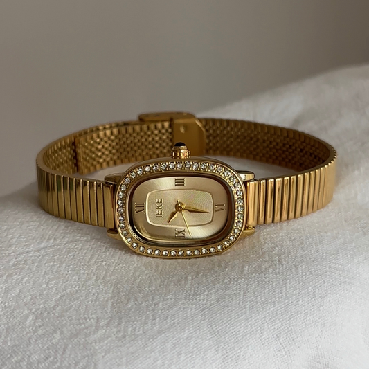 Gold Women Oval Watch with Crystal Case – Elegant Dainty Quartz