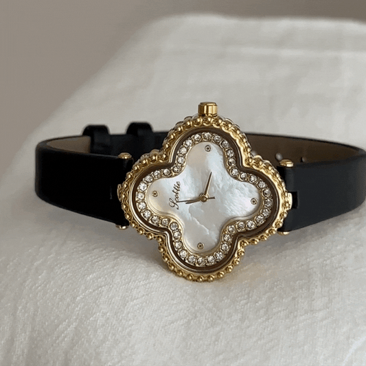 Black Leather Strap Watch with Diamond-Accented Clover Case & White Mother-of-Pearl Dial – Women’s Quartz Watch