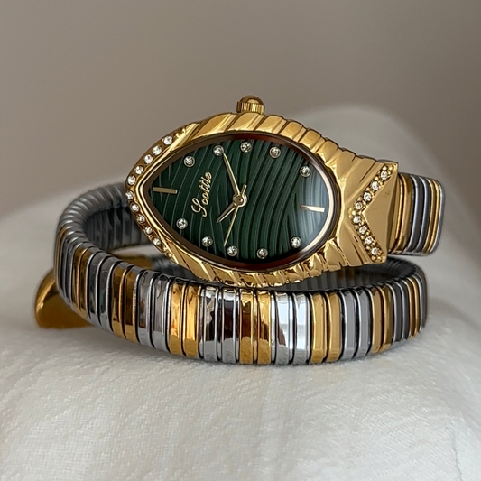 Fashion Serpenti Women’s Watch – Two-Tone Stainless Steel Flexible Bracelet, Gold Case with Green Dial