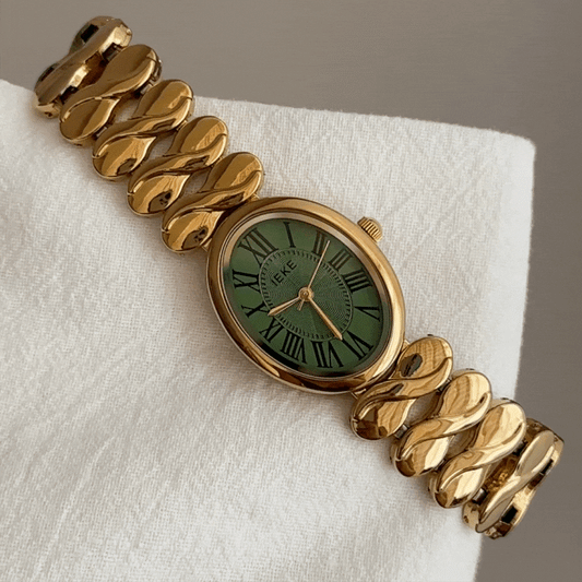 Elegant Women’s Quartz Watch – Gold Musical Note Bracelet with Oval Green Dial, Minimalist Luxury Style