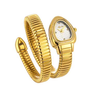Gold Women’s Snakehead Case White Serpenti Dial Wrap Bangle Quartz Watch Luxury Exotic Style – Serpenta