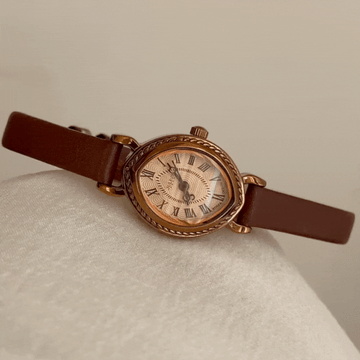 Vintage Brown Thin Leather Strap Watch with Marquise Case – Women’s Quartz Watch