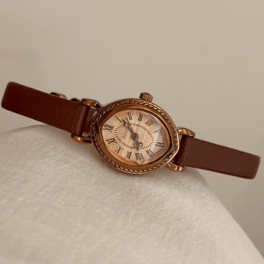 Vintage Brown Thin Leather Strap Watch with Marquise Case – Women’s Quartz Watch