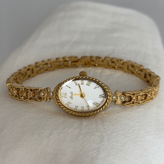 Gold Women Bracelet Watch Oval White Dial Quartz with Diamond Inlay Vintage Elegant Style – Aurora