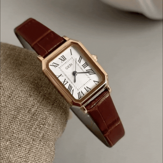 Vintage Classic Brown Leather Strap Women’s Waterproof Quartz Watch – Rectangular White Dial