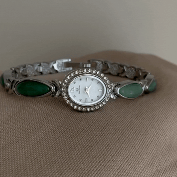 Green Jade Inlay Bracelet Style with Crystal-Set Oval Mother-of-Pearl Dial Women’s Quartz Watch