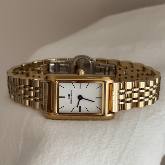 French Fashion Women’s Quartz Watch – Gold Stainless Steel Bracelet with White Rectangular Dial