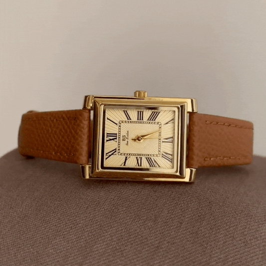 Pumpkin Latte Brown Strap Watch with Gold Rectangular Roman Dial – Women’s Quartz Watch