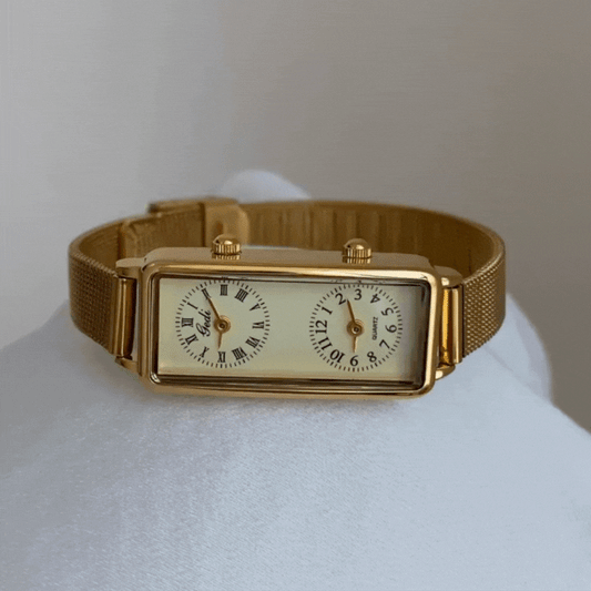 Gold Mesh Strap Quartz Watch for Women – Dual Dial Design with Gold Face