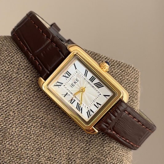 French Elegant Women’s Quartz Watch – Black Leather Strap with Gold Rectangular Case, Roman Numeral White Dial