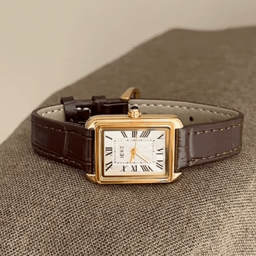 French Elegant Women’s Quartz Watch – Brown Leather Strap with Gold Rectangular Case, Roman Numeral White Dial