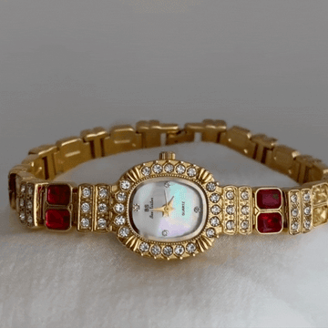 Gold Women Oval Dial Watch Ruby Starry Sky Inlay Bracelet Style White Face Quartz Vintage Light Luxury Exquisite – Celestia