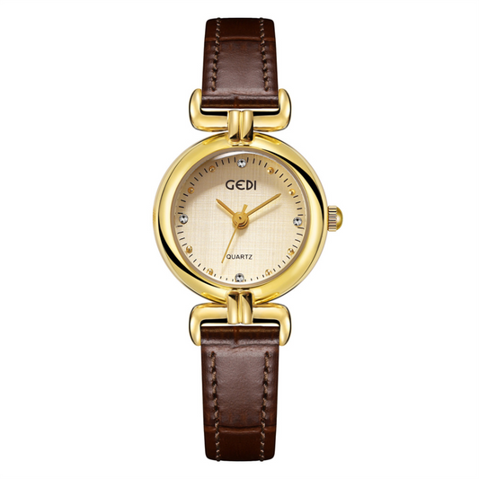 French Vintage Brown Bamboo-Style Strap Women’s Quartz Watch with Gold Small Round Dial – Genuine Leather