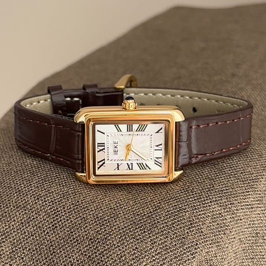 French Elegant Women’s Quartz Watch – Brown Leather Strap with Gold Rectangular Case, Roman Numeral White Dial
