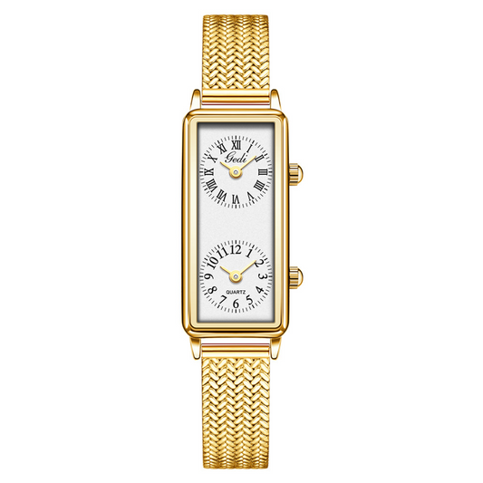 Travel-Inspired Elegant Gold Wheat Strap Watch with White Rectangular Dual Dials – Women’s Quartz Watch