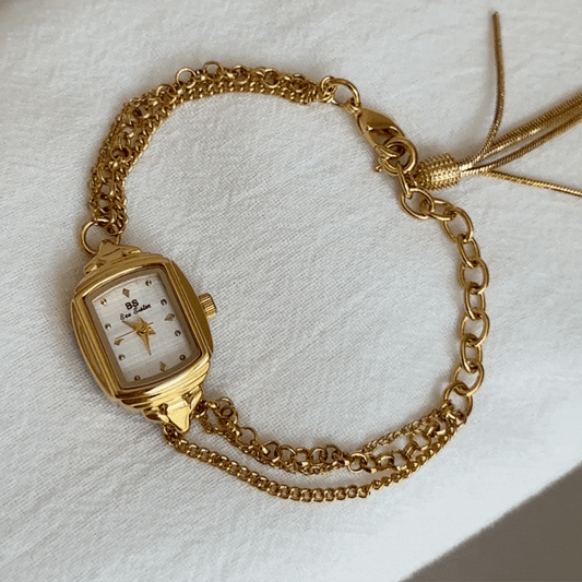 French Luxury Vintage Gold Chain Bracelet White Small Dial Ladies Quartz Watch - Versailles Twist