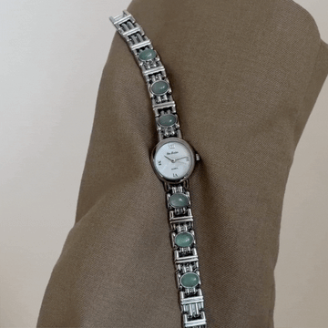 Green Tiger Eye Inlay Silver Bracelet with White Round Dial, Vintage Style Women’s Quartz Watch