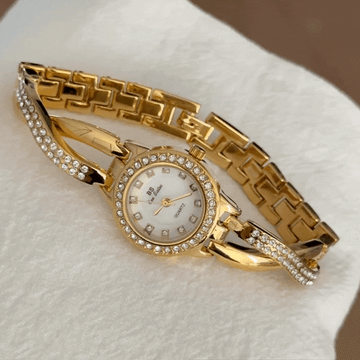 Luxury Women’s Quartz Watch – Gold Butterfly Cross Bracelet with Full Rhinestones and White Round Dial