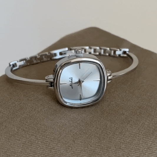 Silver Bangle Quartz Watch for Women – Square Light Ice Blue Dial, Elegant & Modern