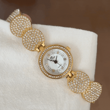 Elegant Women’s Quartz Watch – Gold Full Rhinestone Bracelet with White Round Dial